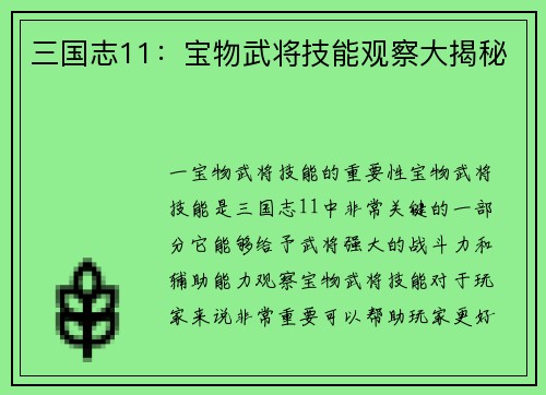 三国志11：宝物武将技能观察大揭秘